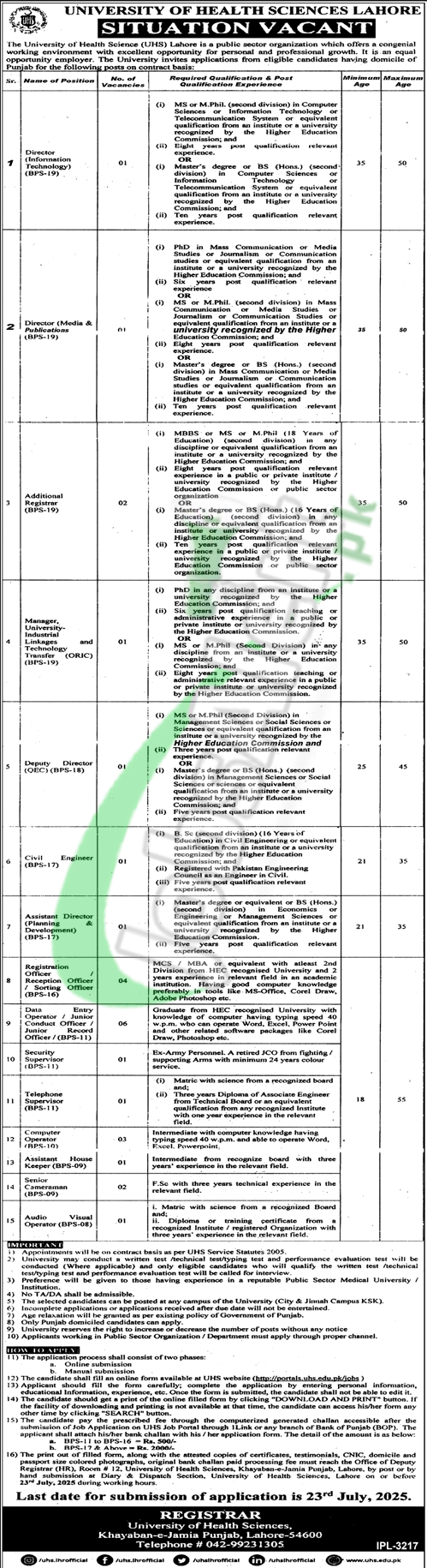 UHS Lahore Jobs