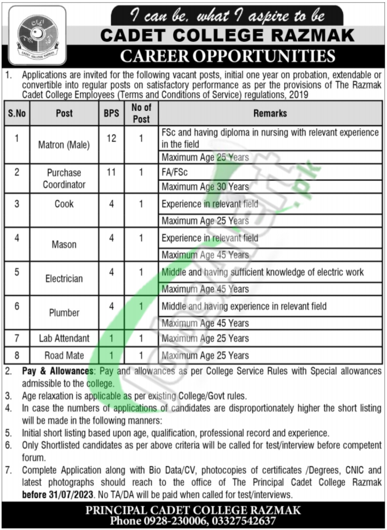 Cadet College Razmak Jobs