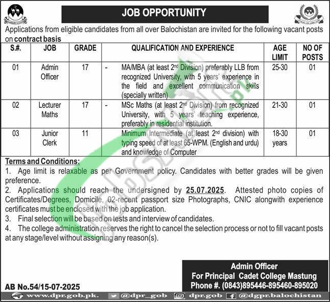 Cadet College Mastung Jobs
