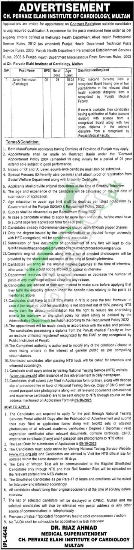 Chaudhry Pervaiz Elahi Institute of Cardiology Multan Jobs