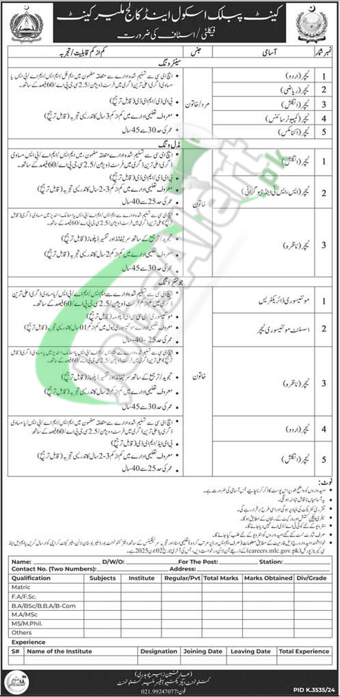 Cantt Public School & College Jobs