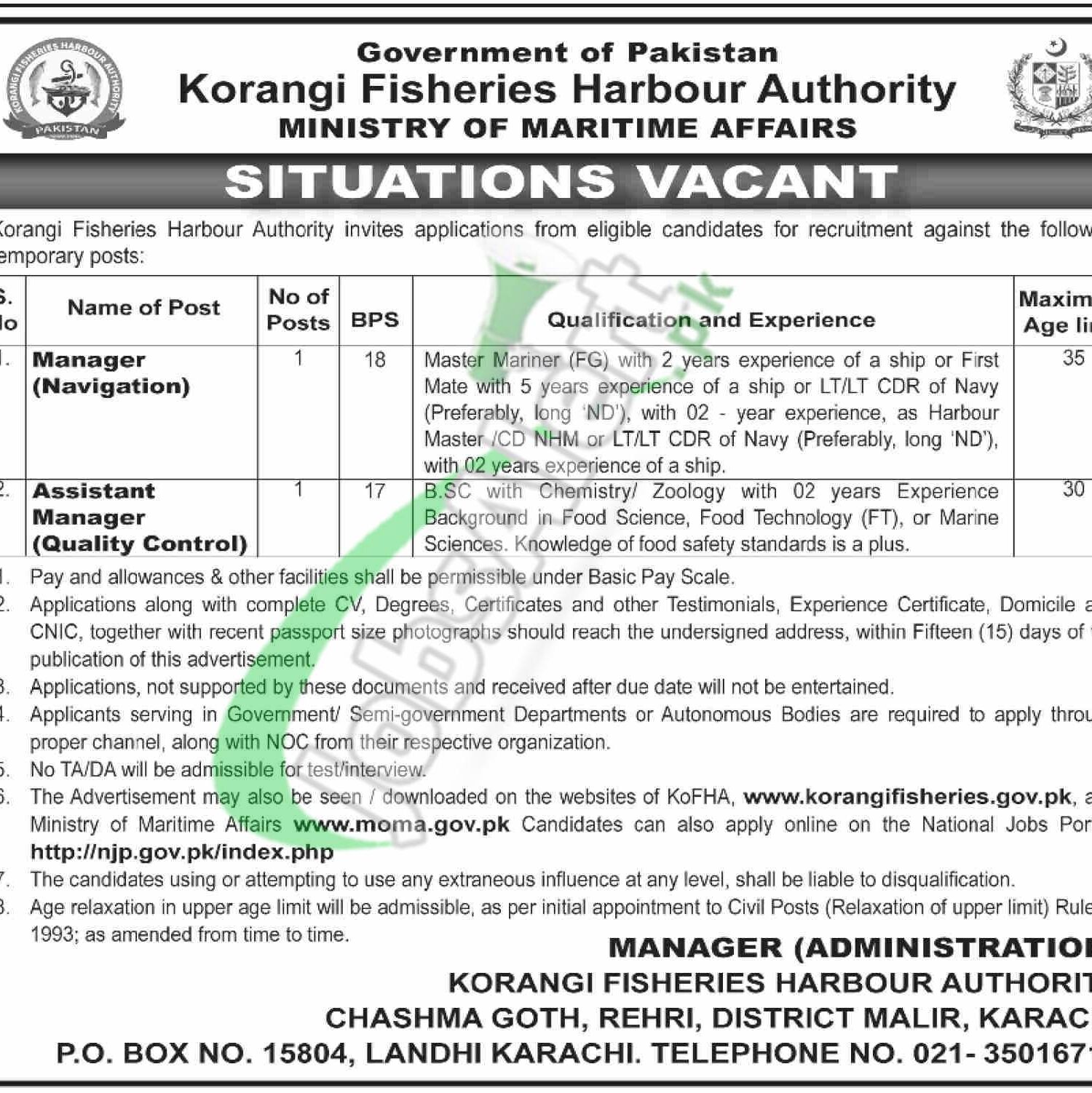 Korangi Fisheries Harbour Authority Jobs