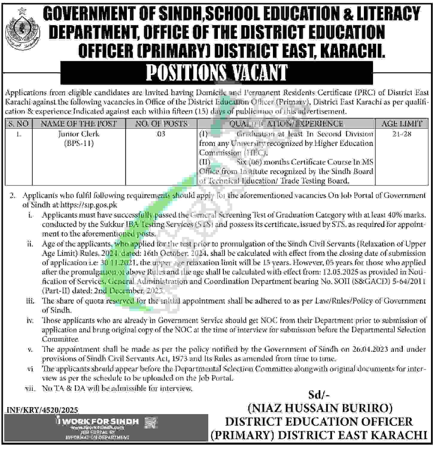 School Education & Literacy Department Sindh Jobs 2026 Application Form Download School Education & Literacy Department Sindh Jobs