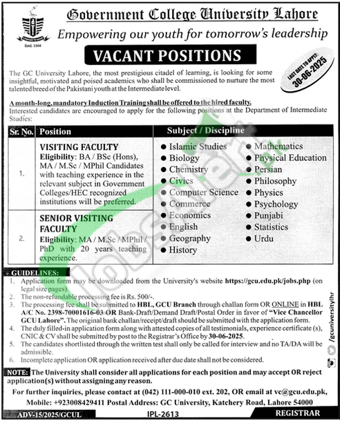 GC University Lahore Jobs