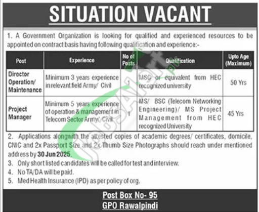PO Box 95 GPO Rawalpindi Jobs