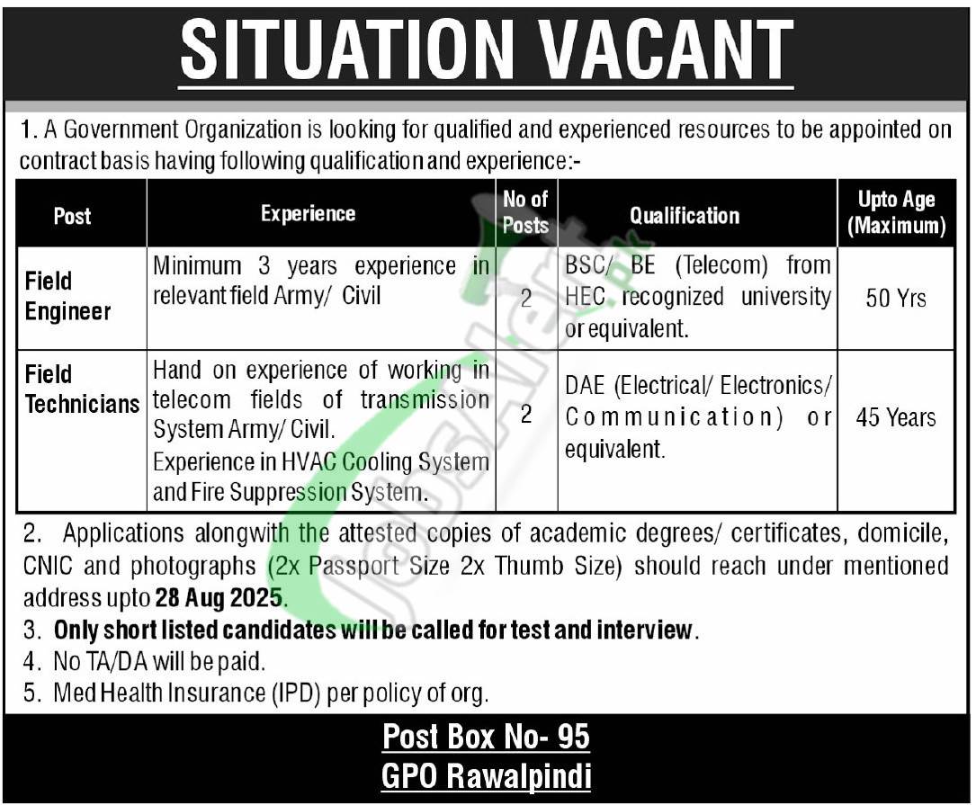 PO Box No 95 GPO Rawalpindi Jobs