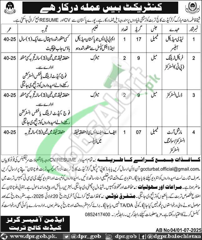 Girls Cadet College Turbat Jobs