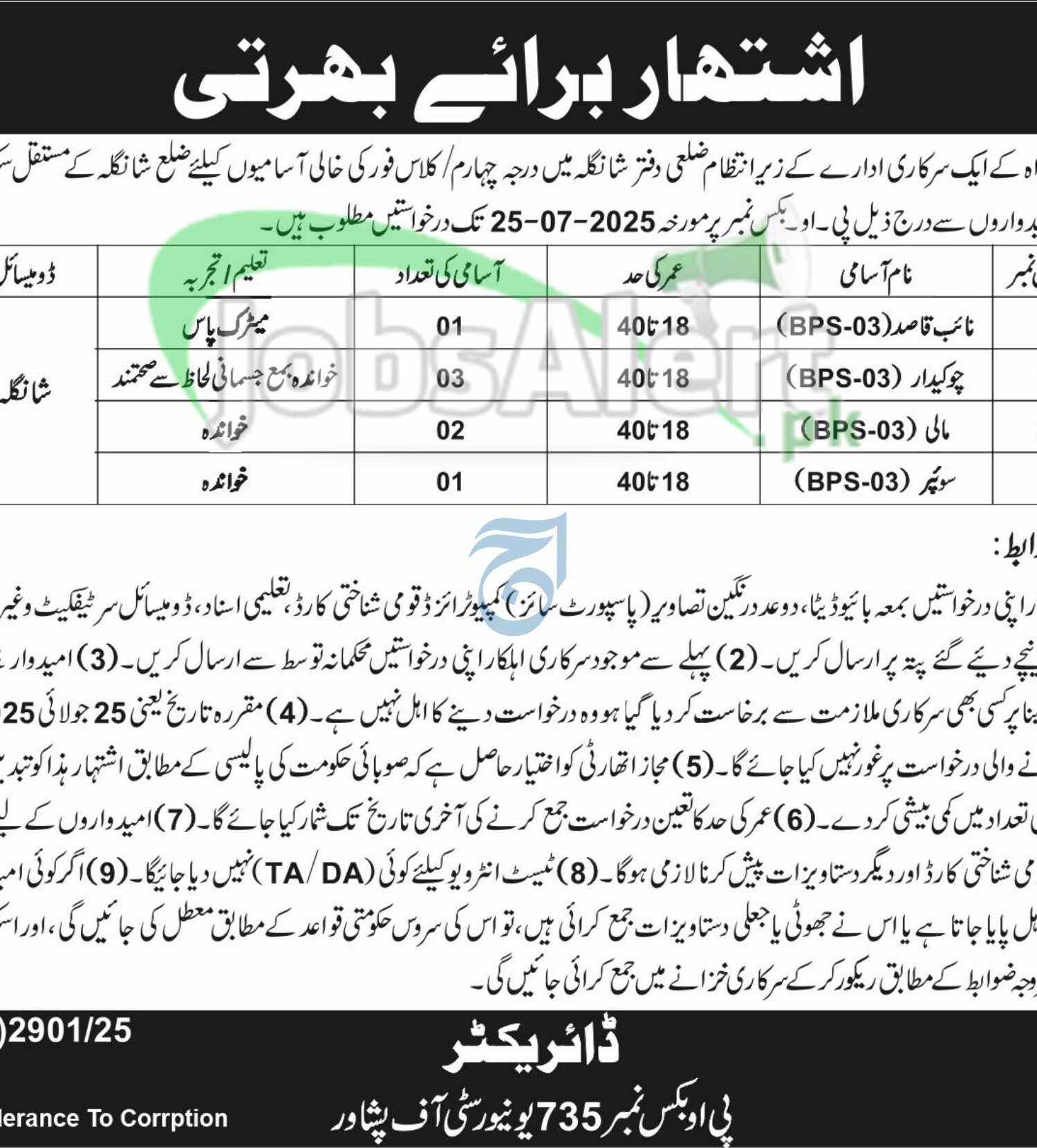 PO Box 735 Peshawar Jobs