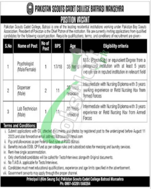 Pakistan Scouts Cadet College Batrasi Jobs