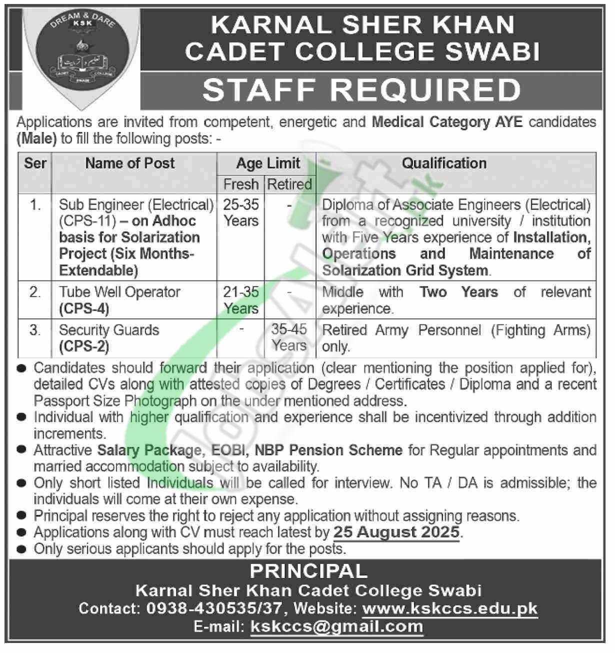Karnal Sher Khan Cadet College Swabi Jobs