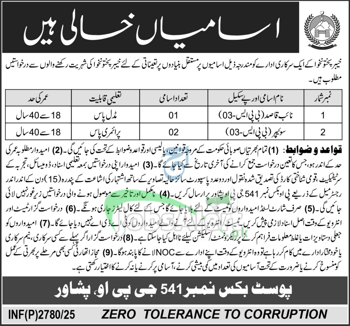 PO Box 541 Peshawar Jobs