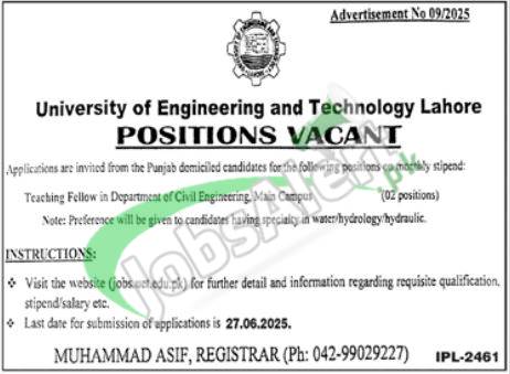 University of Engineering & Technology Lahore Jobs