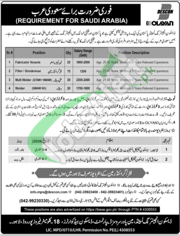 Descon Engineering Company Jobs 2026 Saudi Arabia Walk-In Interview Date Descon Engineering Company Jobs