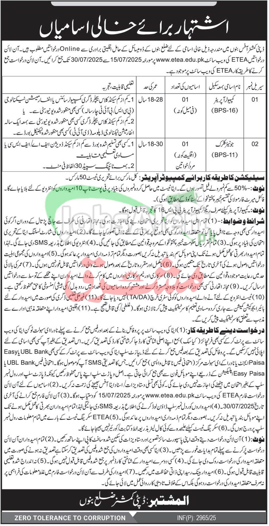 Deputy Commissioner Office Bannu Jobs
