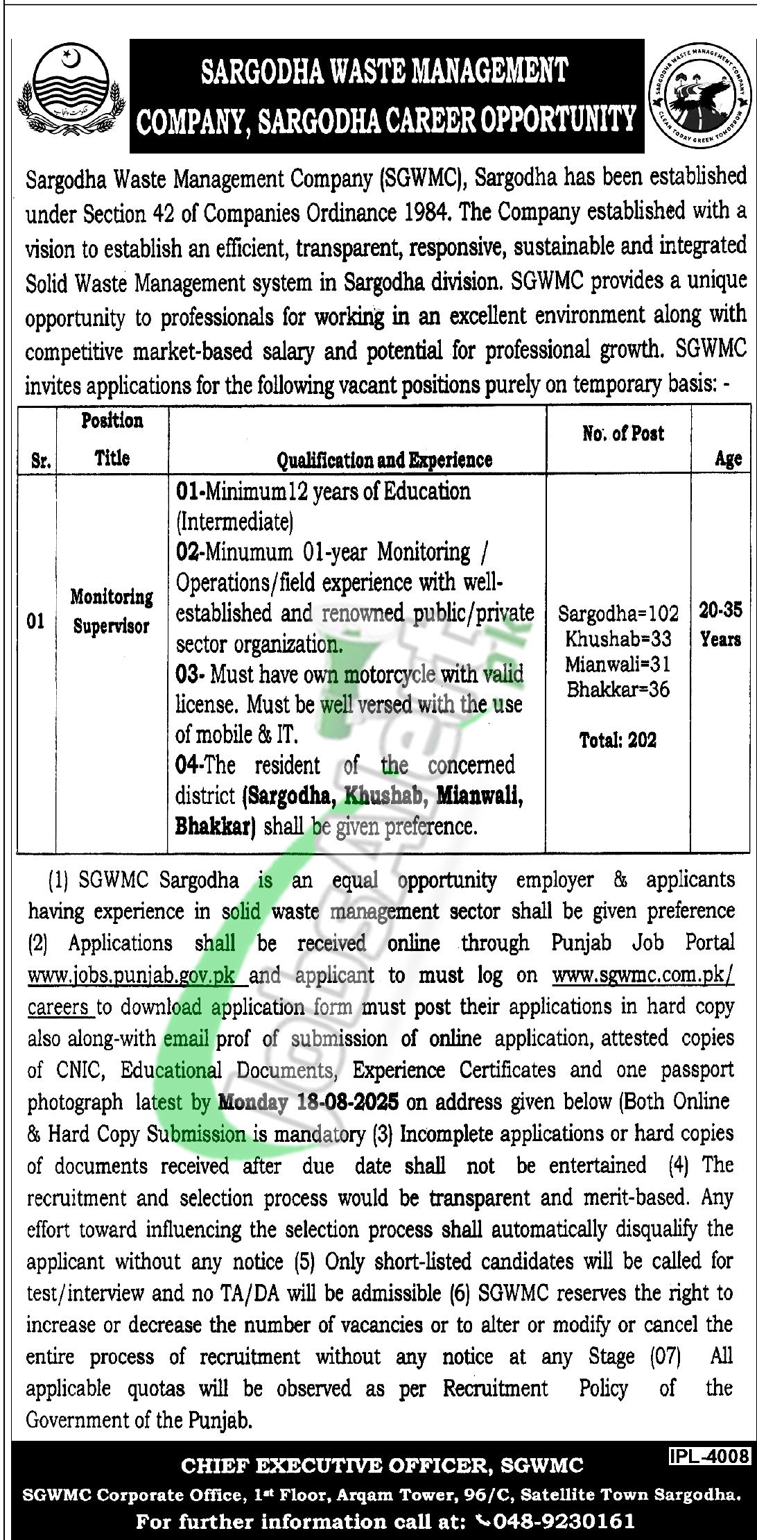 Sargodha Waste Management Company Jobs