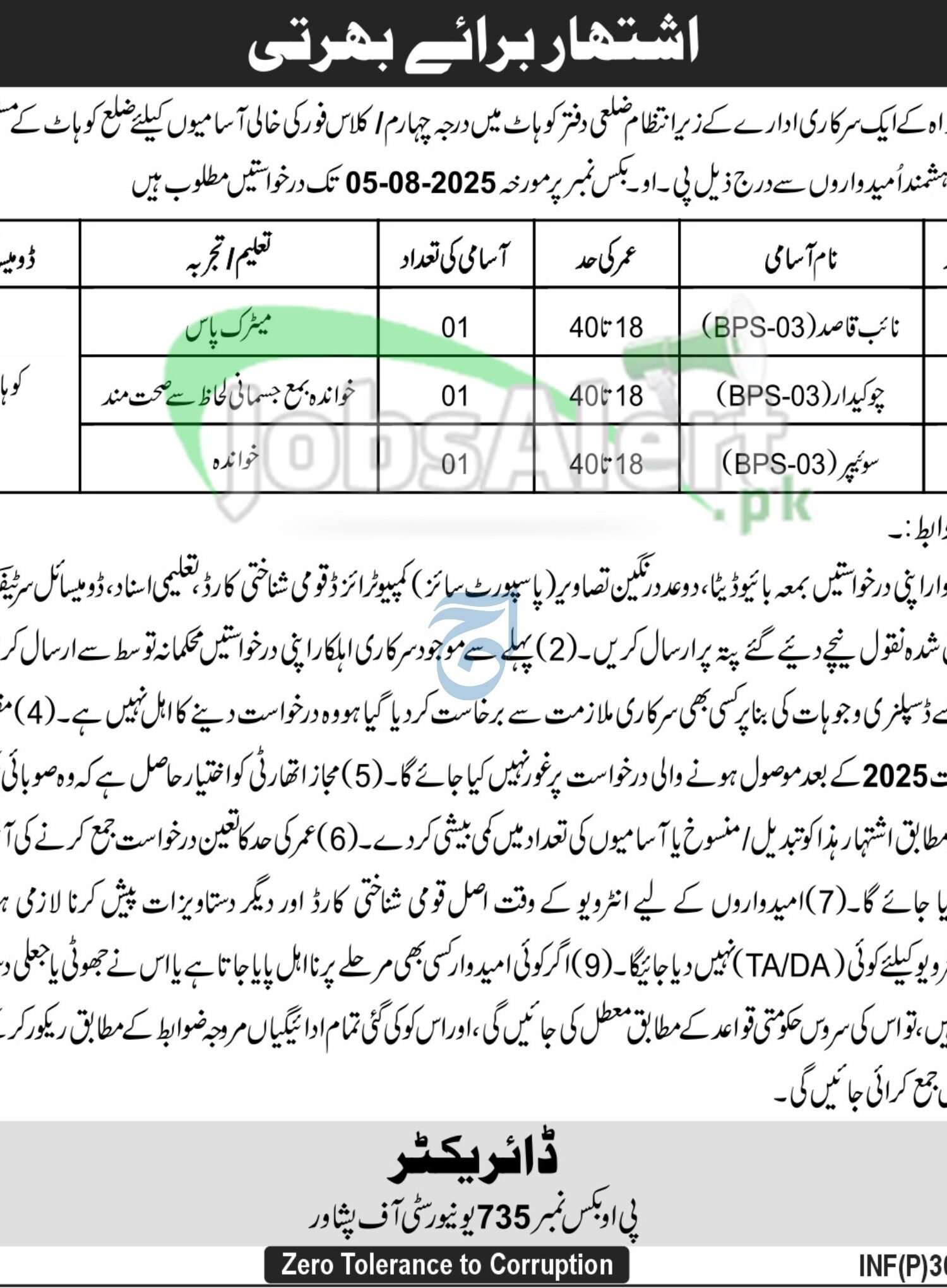 PO Box 735 Peshawar Jobs
