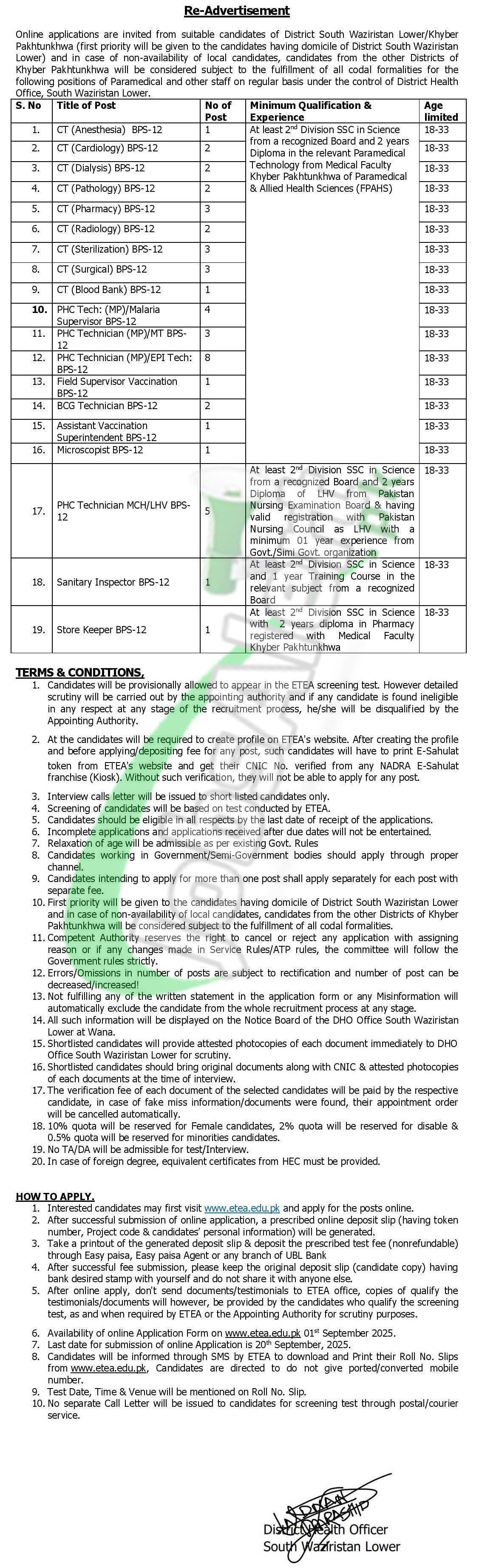 District Health Officer South Waziristan Jobs