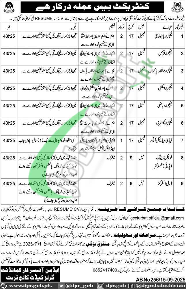 Girls Cadet College Turbat Jobs