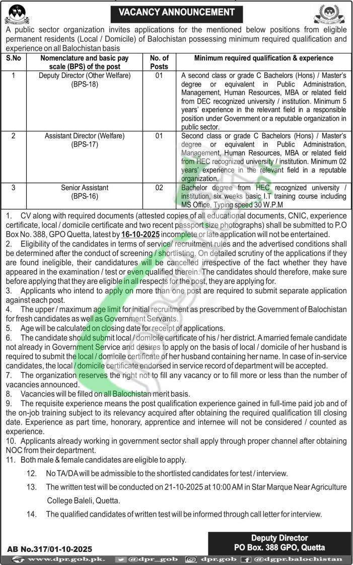 PO Box 388 GPO Quetta Jobs