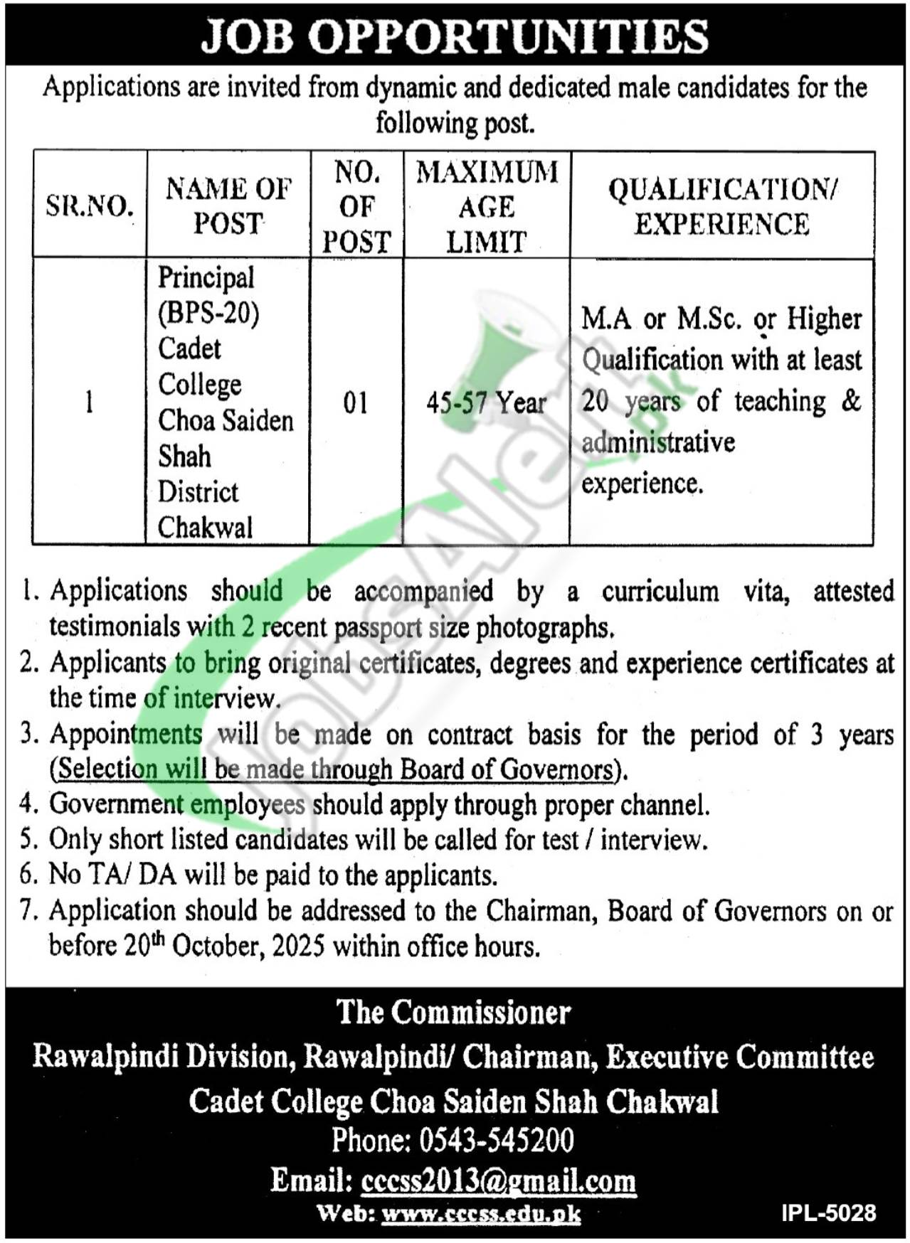 Cadet College Choa Saiden Shah Jobs