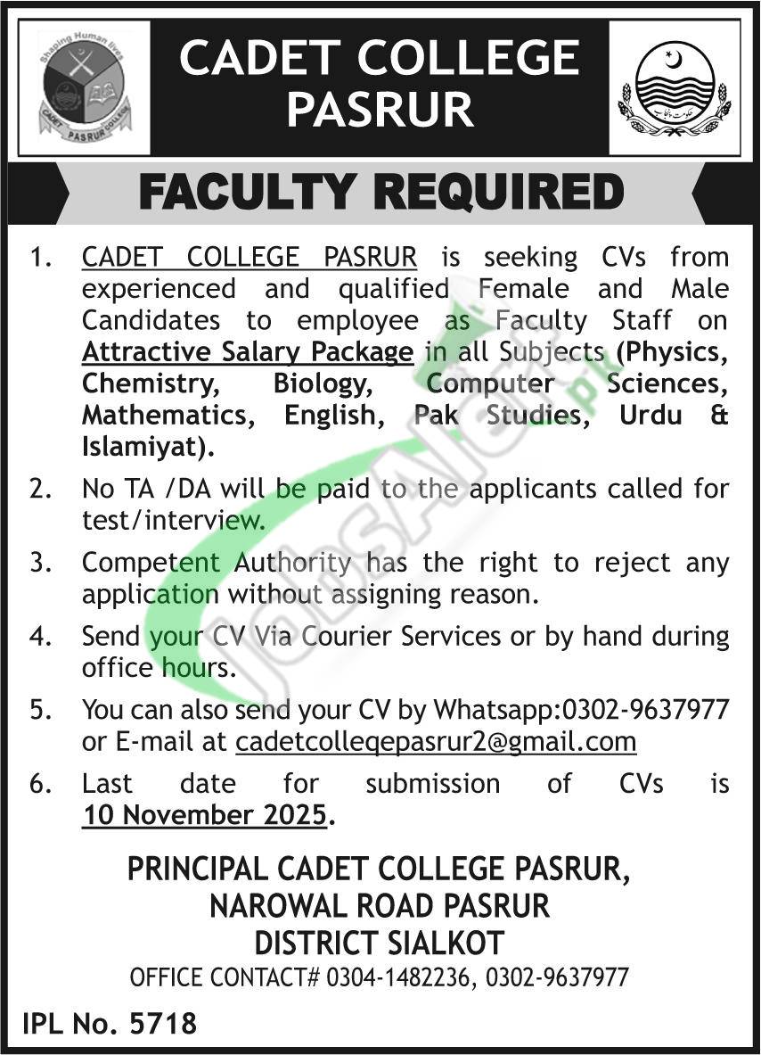 Cadet College Pasrur Jobs