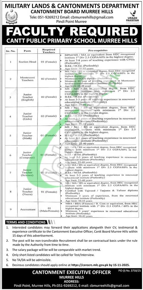 Cantt Public Primary School Jobs 2025 in Murree Hills Download Form Cantt Public Primary School Jobs