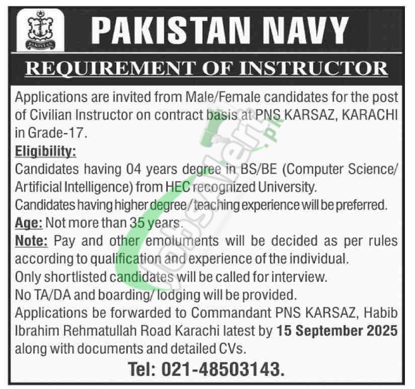 Pak Navy Civilian Instructor Jobs