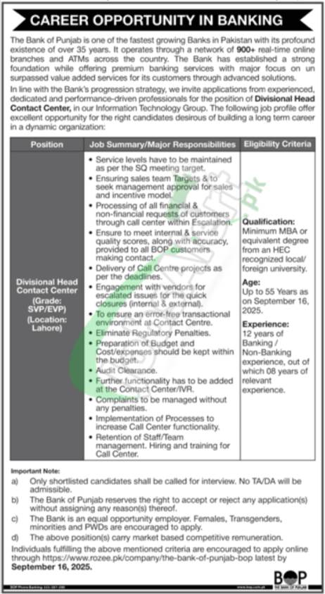 Bank of Punjab Jobs