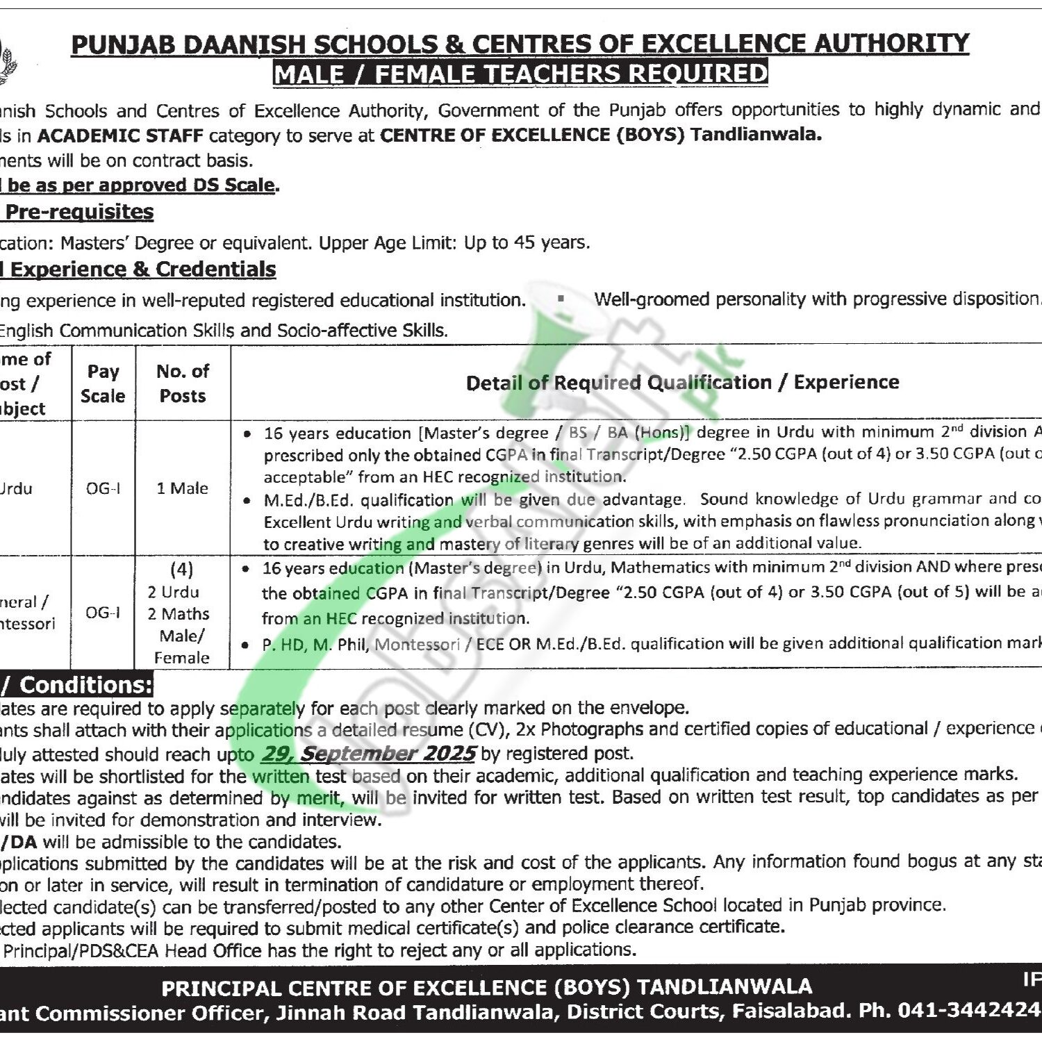 Punjab Daanish School Tandlianwala Jobs