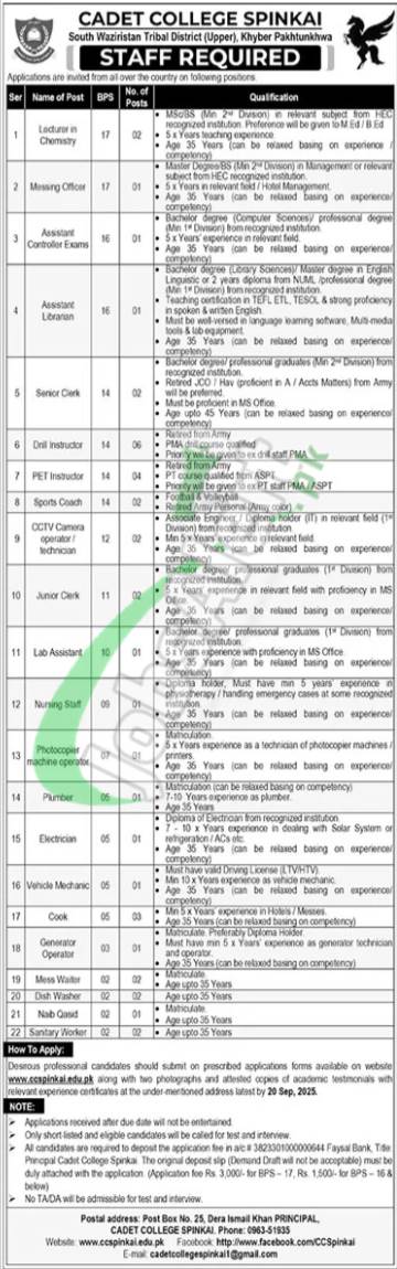 Apply in Cadet College Spinkai Jobs