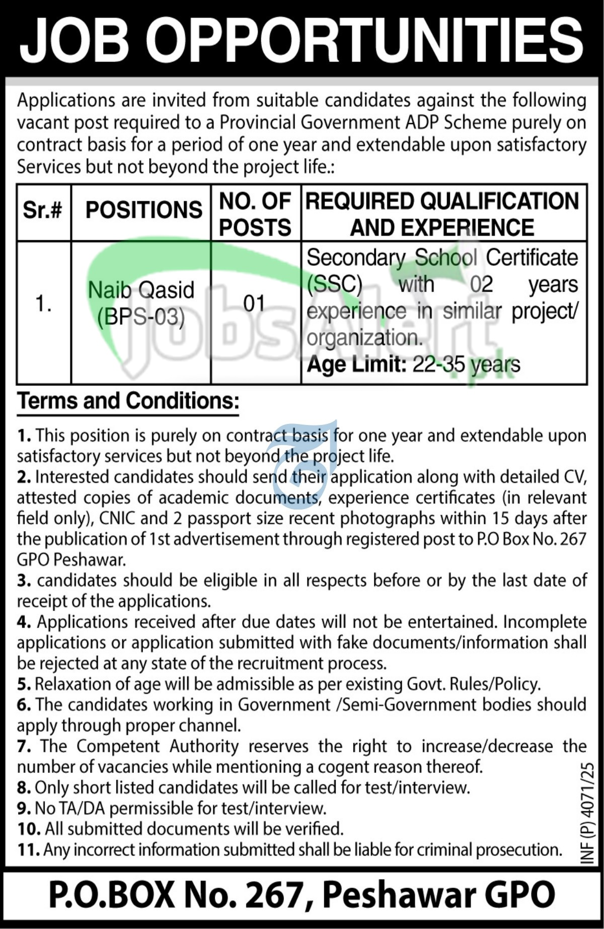 PO Box 267 GPO Peshawar Jobs