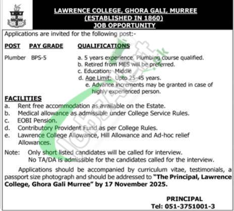 Lawrence College Ghora Gali Murree Jobs