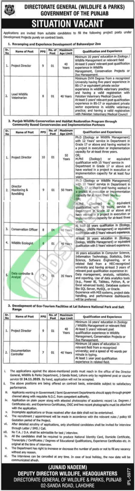 Punjab Wildlife & Parks Department Jobs 2025 Application Form Download Punjab Wildlife and Parks Department Jobs