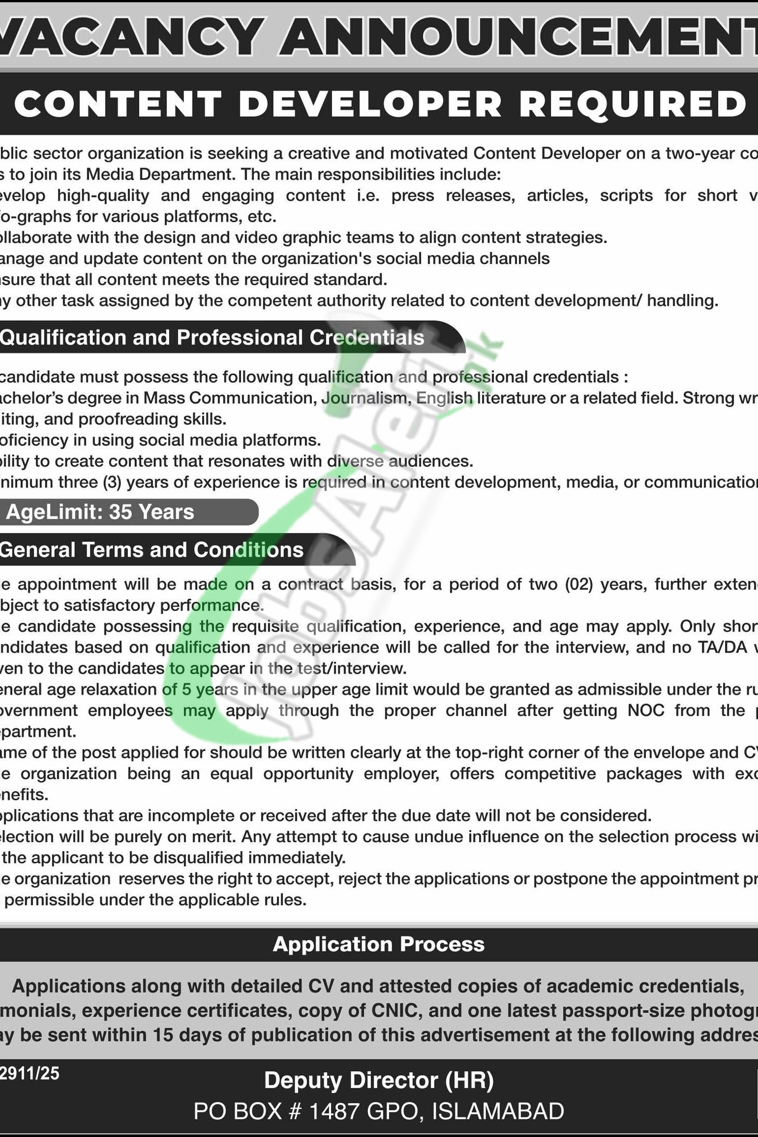 PO Box 1487 GPO Islamabad Jobs