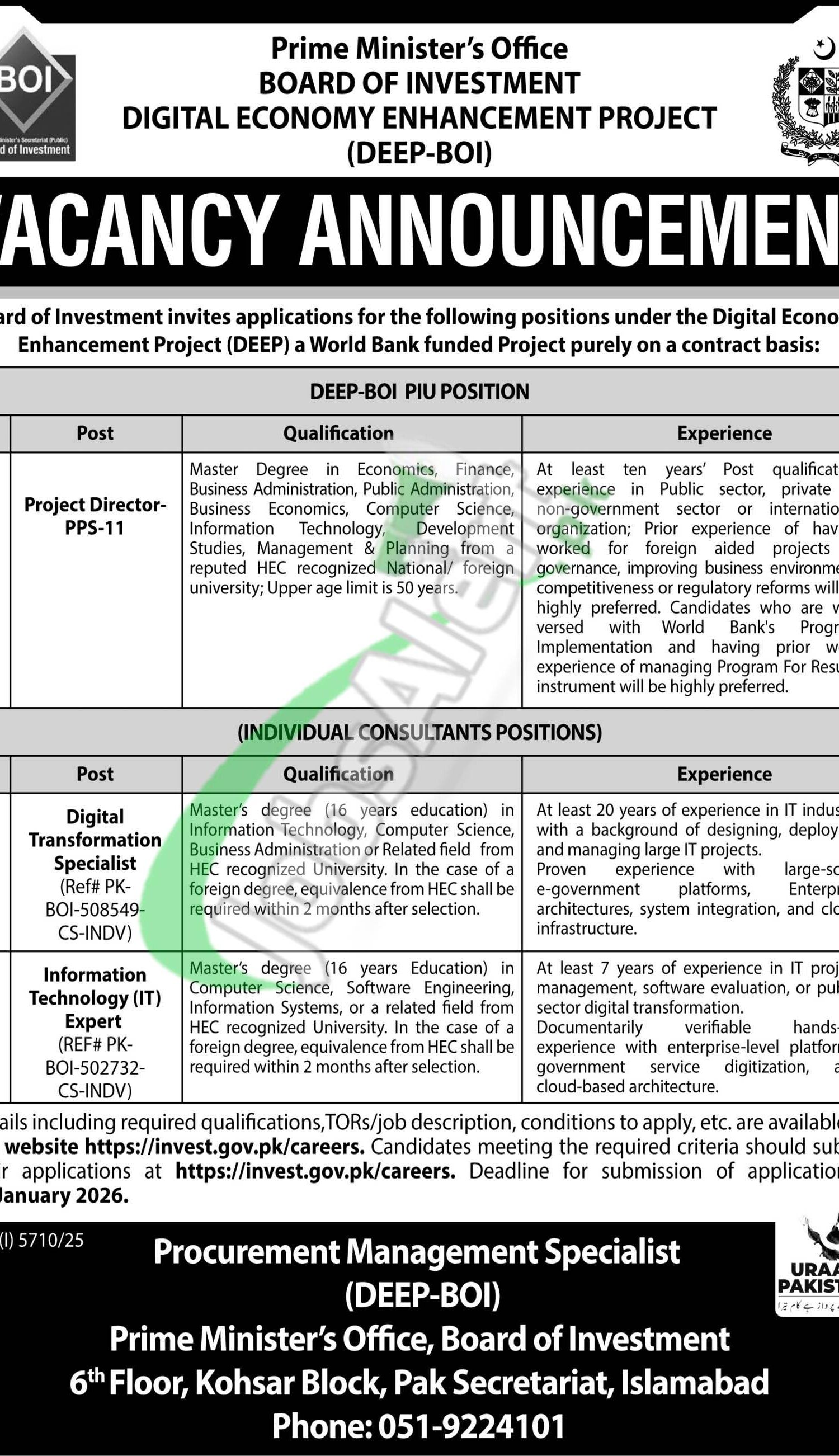 Prime Minister Office Board of Investment Jobs 2026 BOI Advertisement Board of Investment Jobs