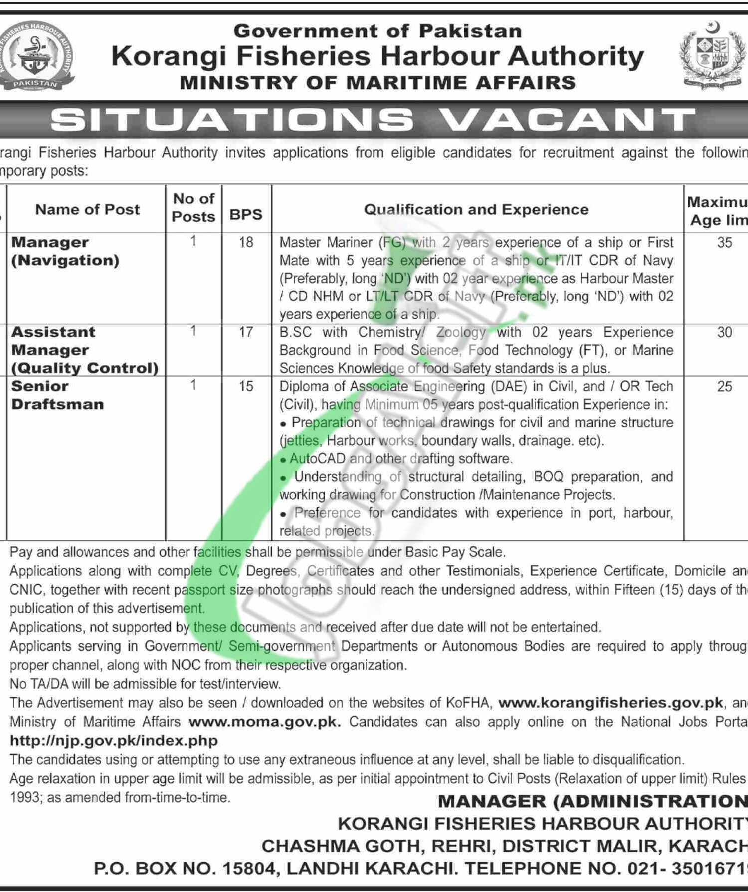Ministry of Maritime Affairs Jobs 2025 Korangi Fisheries Harbour Authority KFHA Job Ad