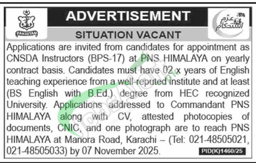 Pak Navy Civilian Instructor Jobs 2025 Latest Vacancies Advertisement Pak Navy Civilian Instructor Jobs