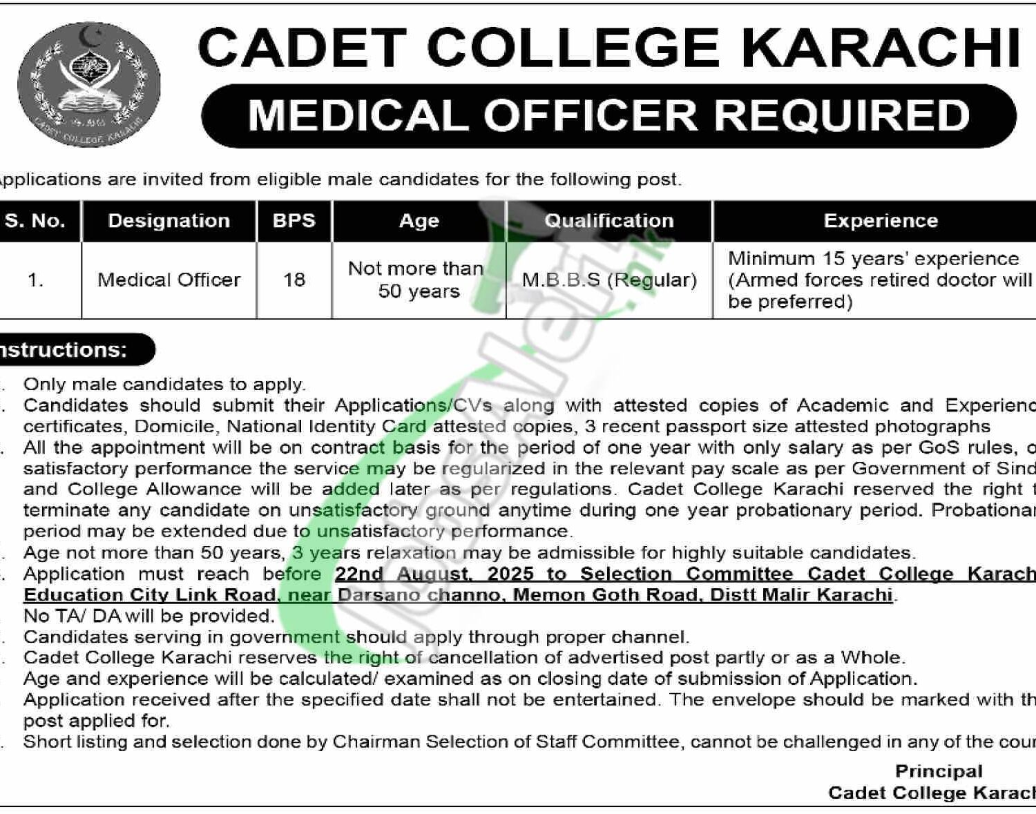 Cadet College Karachi Jobs