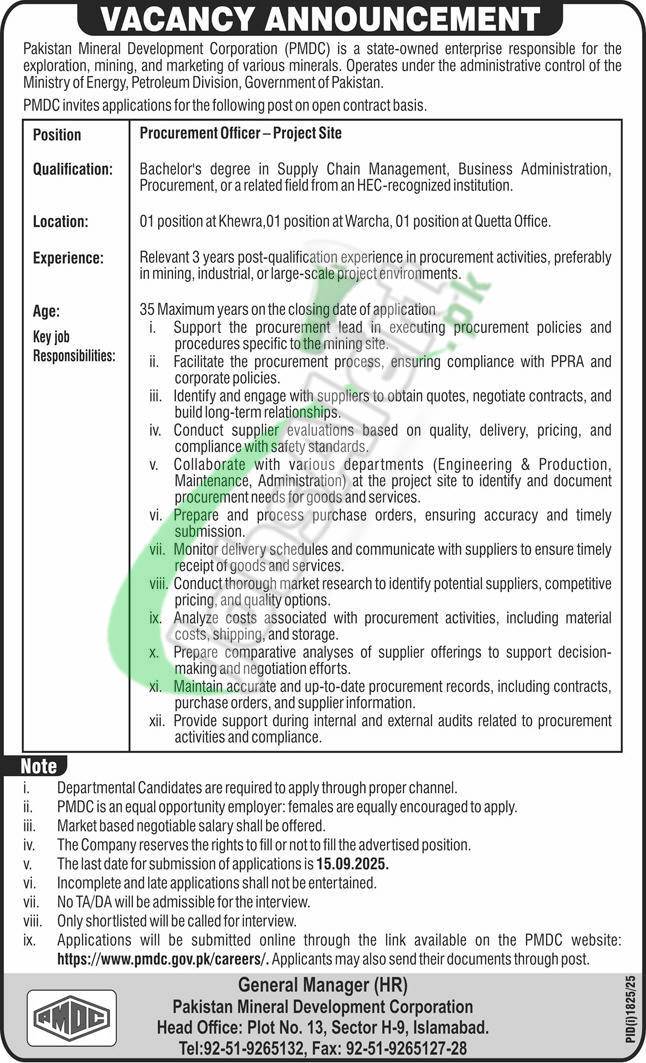 Pakistan Mineral Development Corporation Jobs