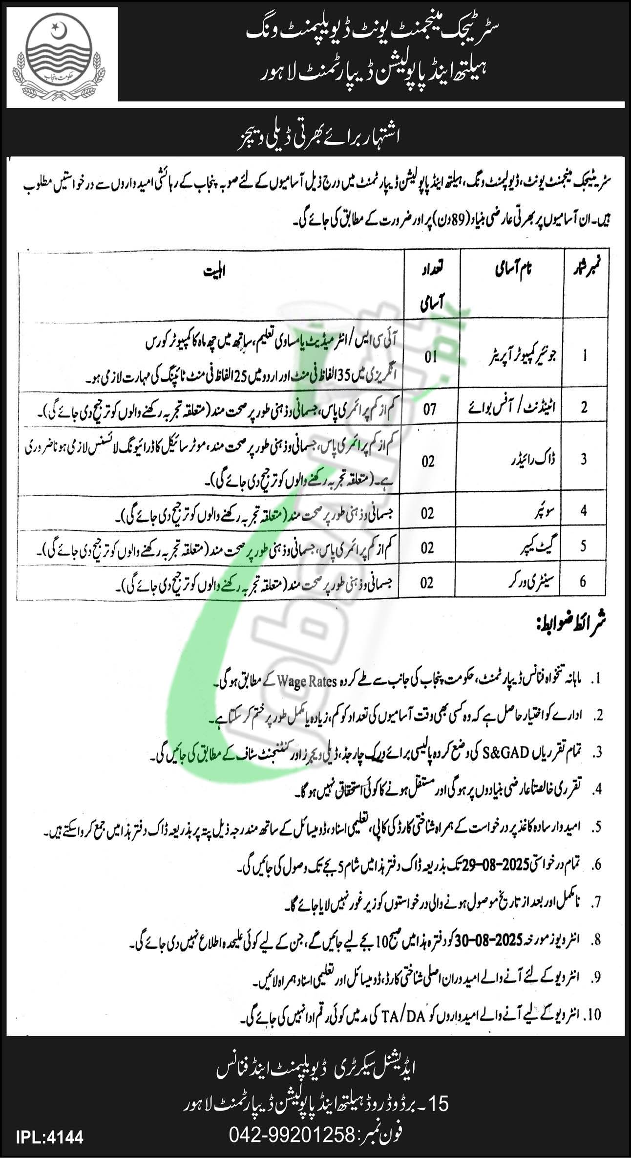 Population and Health Department Punjab Jobs