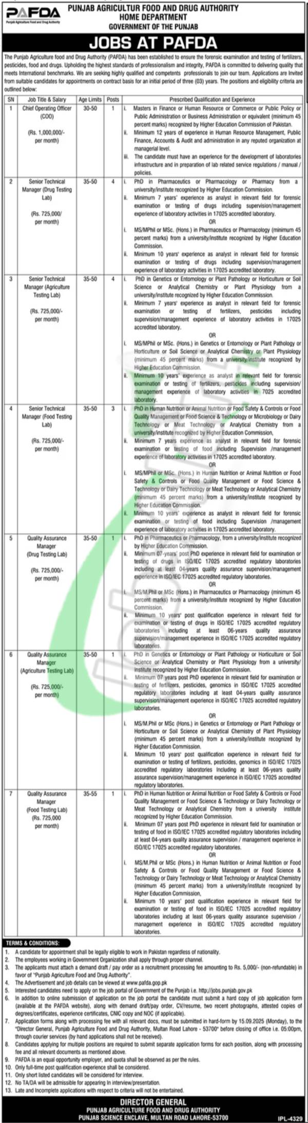 Punjab Agriculture Food Drug Authority Jobs