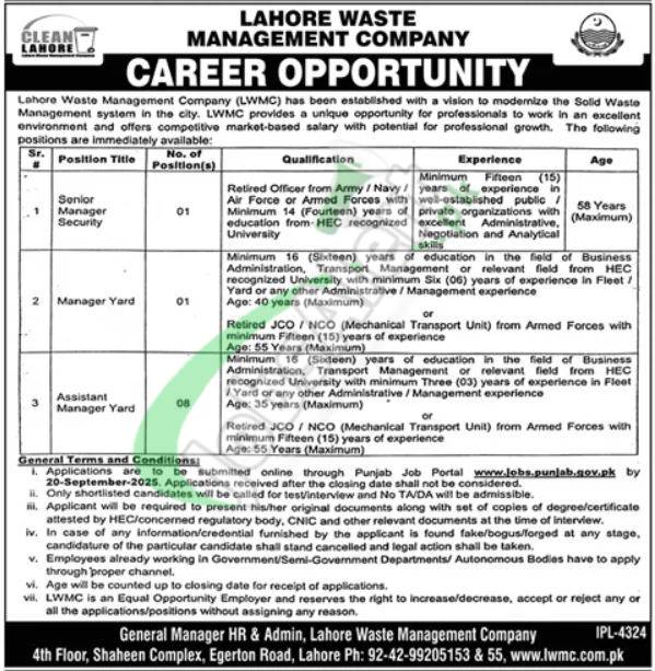 Lahore Waste Management Company Jobs