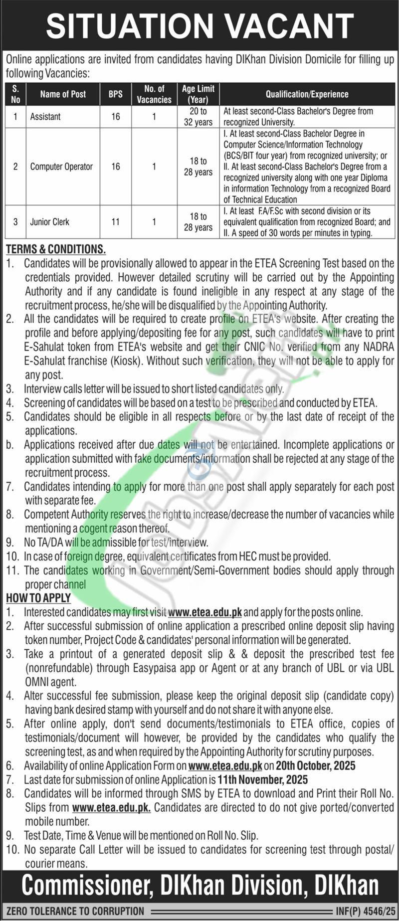 Commissioner DI Khan Jobs 2025 ETEA Online Form Download ETEA Commissioner Officer DI Khan Jobs