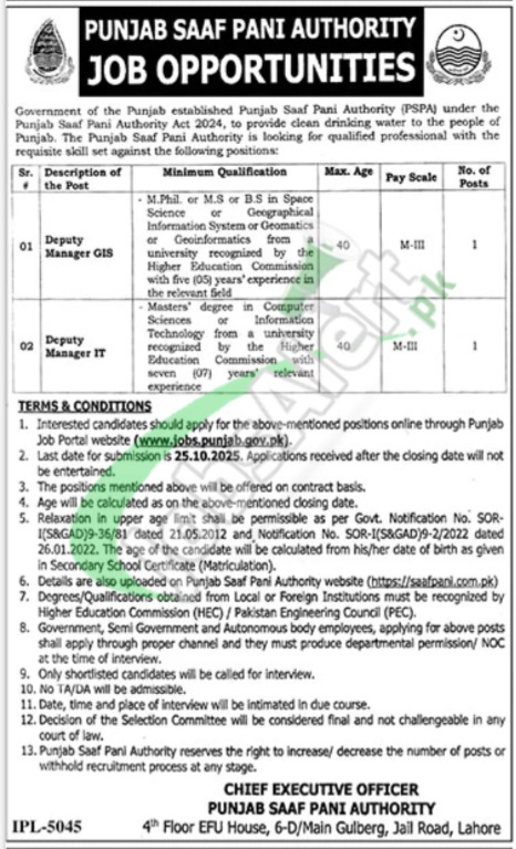 Punjab Saaf Pani Authority Jobs
