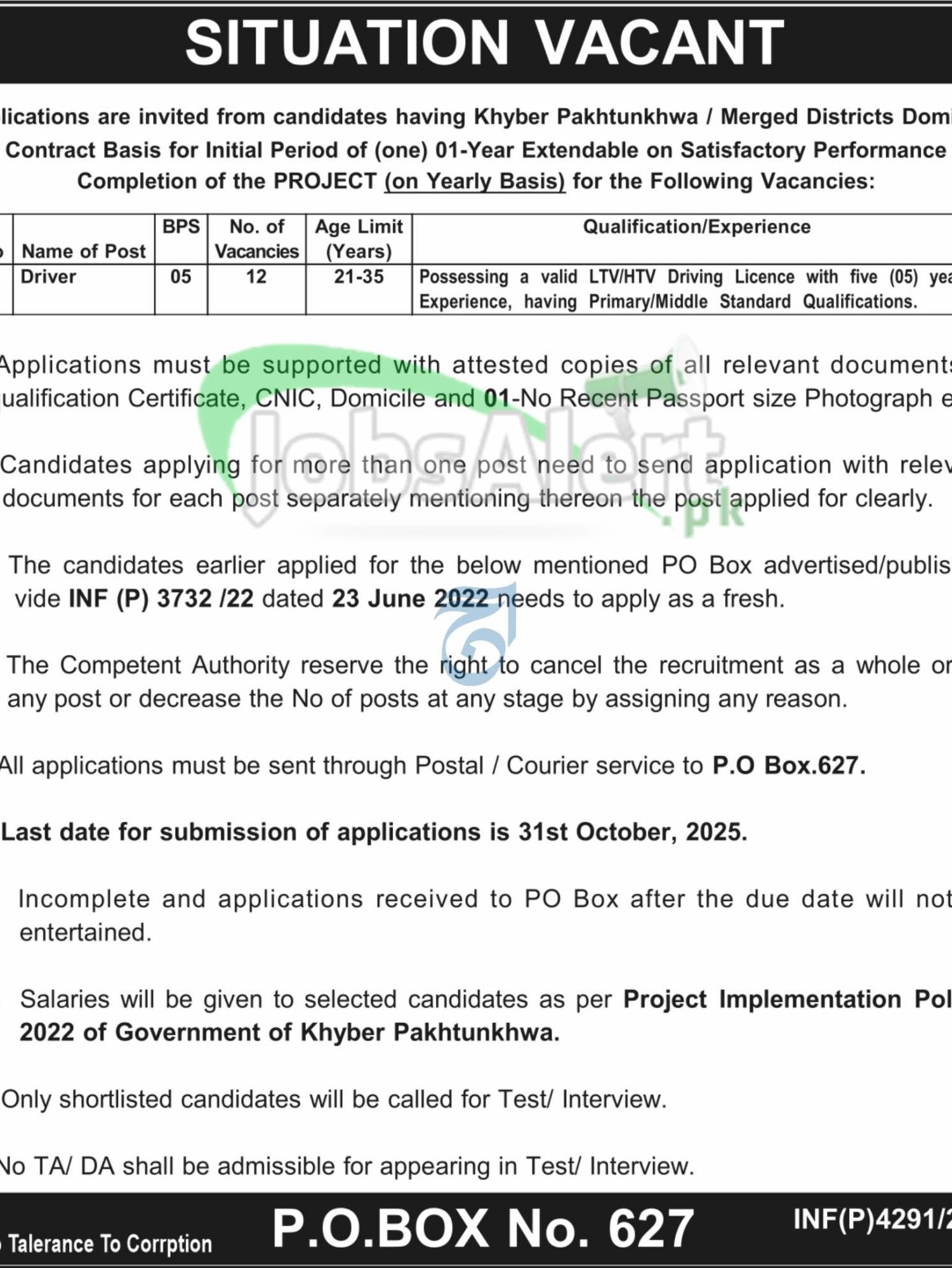 PO Box 627 GPO Peshawar Jobs