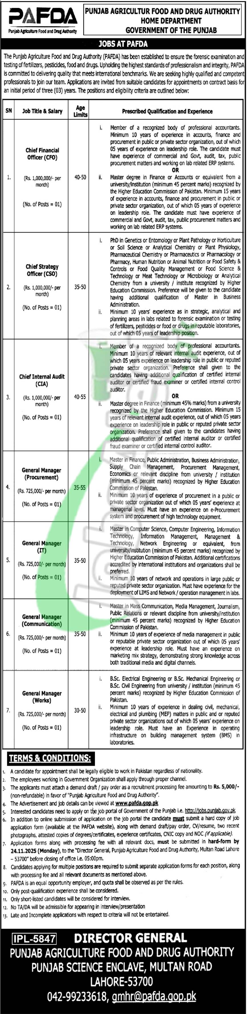 Punjab Agriculture Food Drug Authority Jobs 2025 PAFDA Latest Advertisement Punjab Agriculture Food Drug Authority Jobs