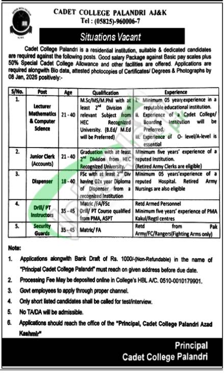 Cadet College Palandri Jobs 2026 Teaching & Non-Teaching Staff Latest Cadet College Palandri Jobs