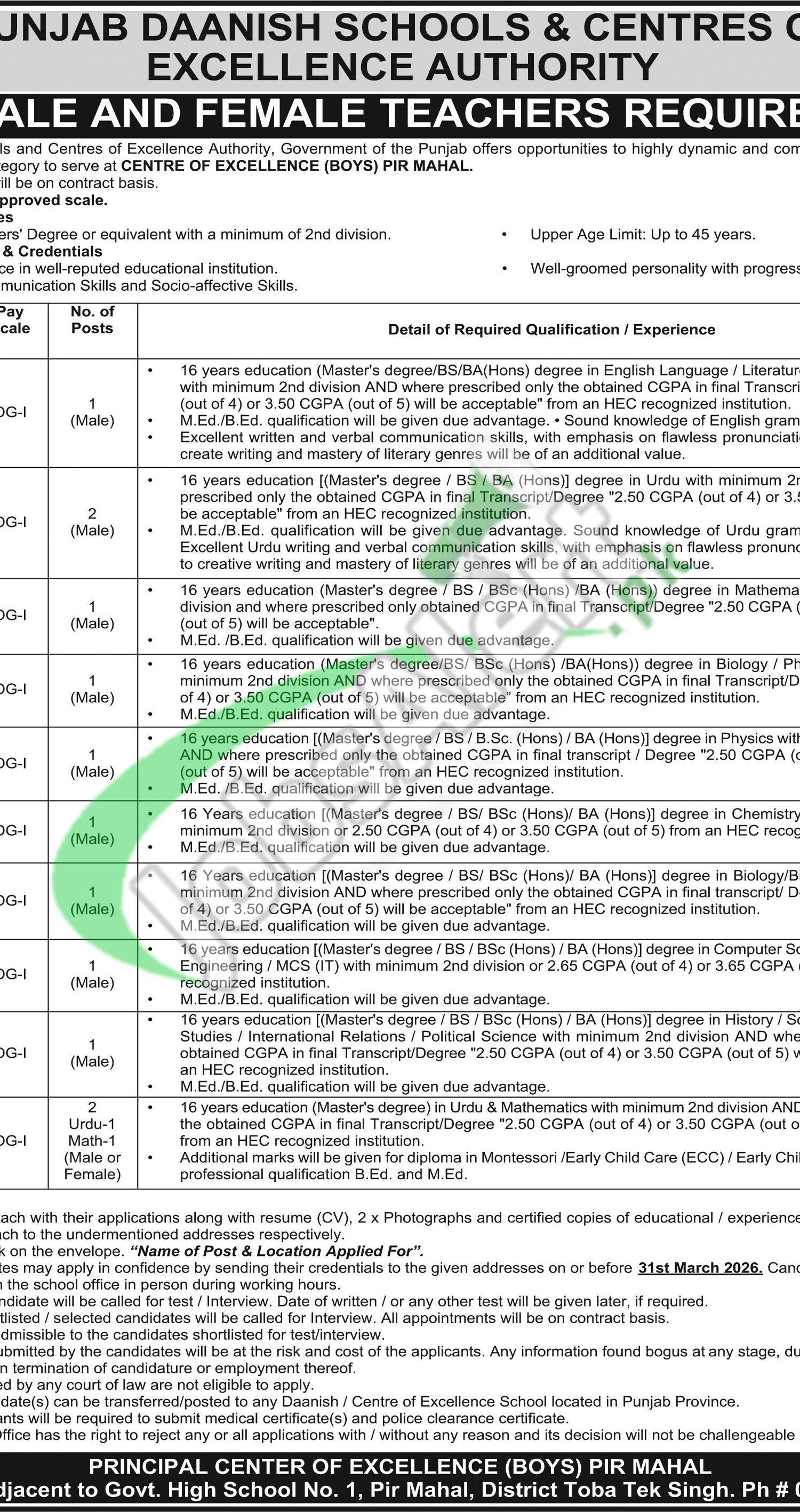 Punjab Daanish School Pir Mahal Jobs 2026 For Academic Staff Punjab Daanish School Pir Mahal Jobs