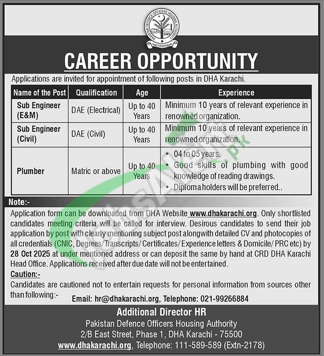 Application Form DHA Karachi Jobs 2025 Defence Housing Authority DHA Karachi Jobs