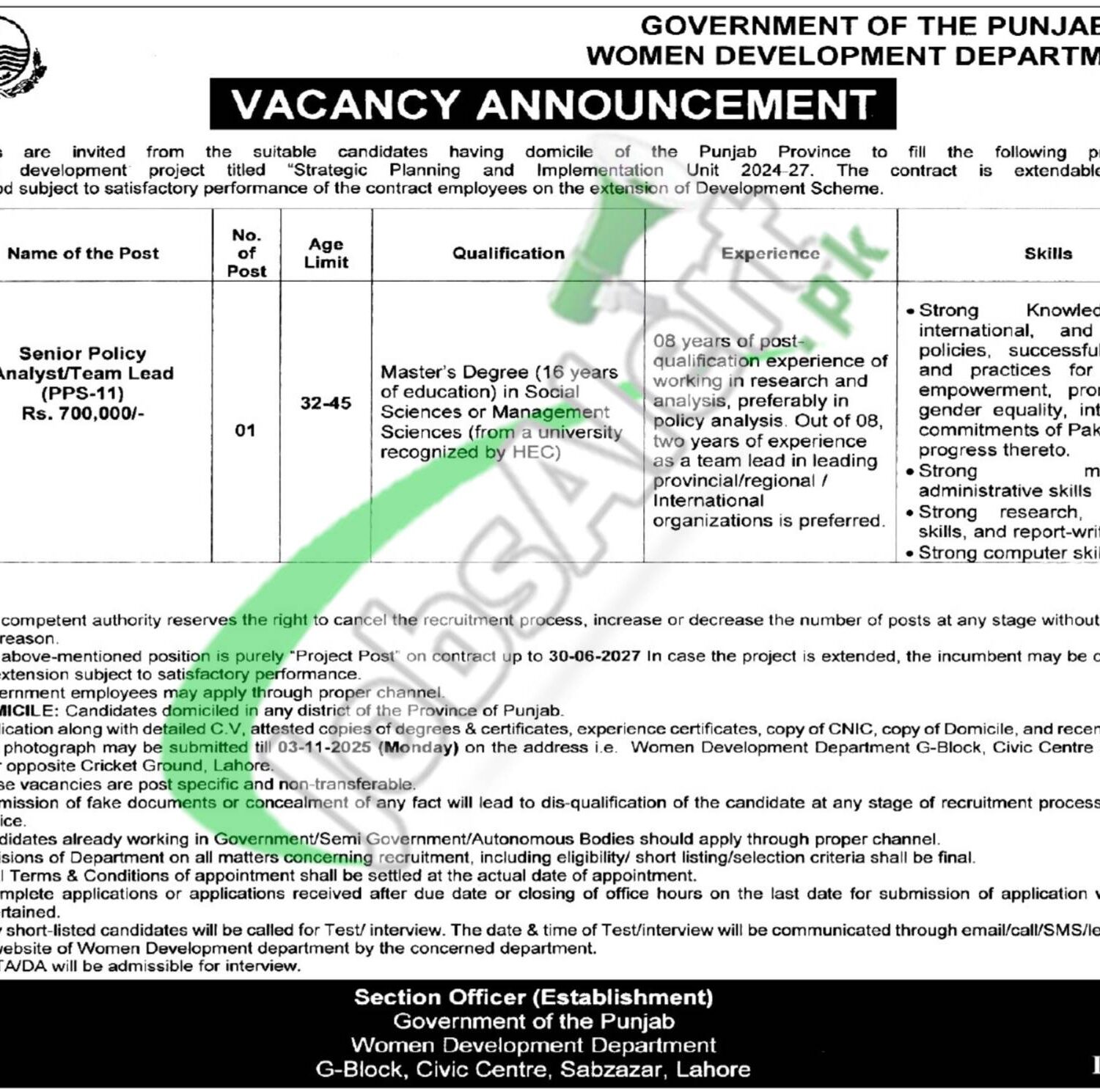 Apply in Women Development Department Punjab Jobs 2025 Lahore Advertisement Women Development Department Punjab Jobs